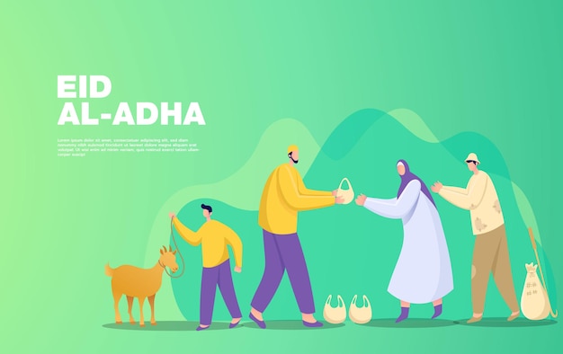 Concepto de saludo de Eid al Adha mubarak. Ilustración de compartir la carne del animal de sacrificio que ha sido cortado.