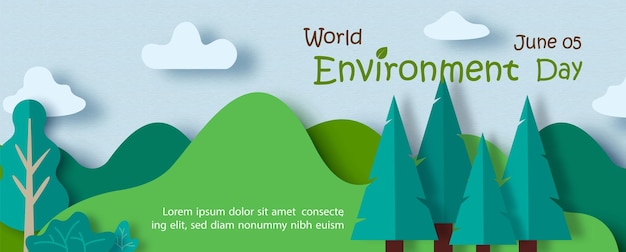 Vector concepto salvaje de origami y corte de papel con redacción del día mundial del medio ambiente sobre fondo azul campaña de carteles del día mundial del medio ambiente en estilo de corte de papel y diseño vectorial