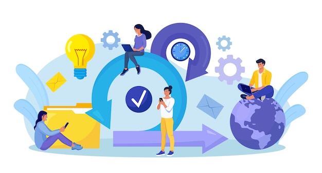 Concepto de Scrum Framework. Diagrama de proceso Scrum como esquema de desarrollo de software ágil. Equipo discutiendo tareas en el tablero Kanban y trabajando en una computadora portátil. Reunión de negocios. Ciclo de trabajo de gestión de proyectos