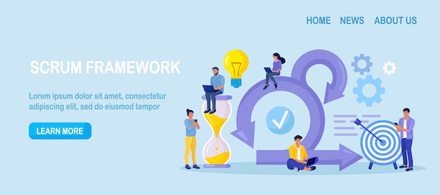 Concepto de Scrum Framework. Diagrama de proceso Scrum como esquema de desarrollo de software ágil. Equipo discutiendo tareas en el tablero Kanban y trabajando en una computadora portátil. Reunión de negocios. Ciclo de trabajo de gestión de proyectos