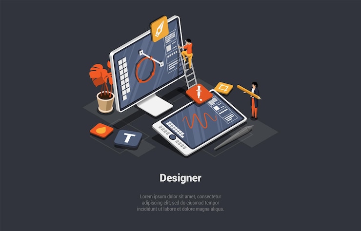 Vector concepto de sector de ti y trabajo independiente personaje masculino mujer desarrolladora diseñadora gráfica trabajando en tableta de dibujo digital artista cerca de un enorme monitor de computadora isométrica 3d ilustración vectorial de dibujos animados