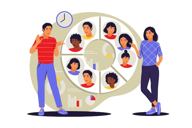 Concepto de segmentación de audiencia. Personas cerca de un gran gráfico  circular con imágenes de personas. Ilustración vectorial. Plano. | Vector  Premium