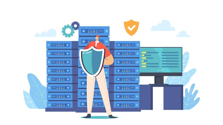 Vector concepto de seguridad de la base de datos carácter del hombre mantenga el escudo que protege el servidor o los discos duros aplicación segura o servicio en línea