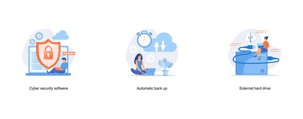 Concepto de seguridad cibernética con caracteres, copia de seguridad automática de archivos en el concepto de almacenamiento en la nube,