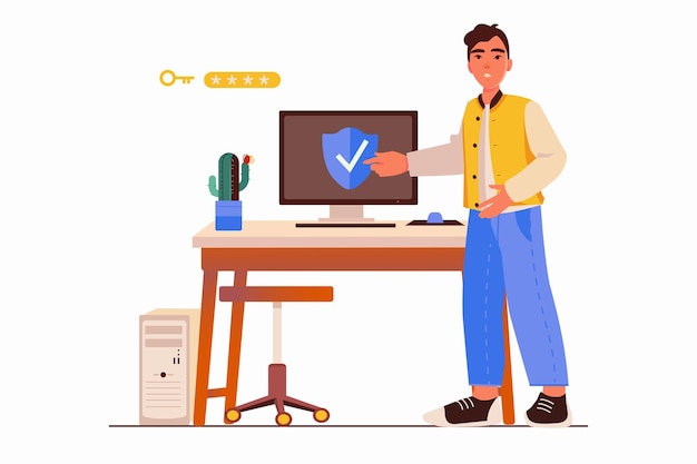 Concepto de seguridad cibernética con escena de personas en el diseño de dibujos animados planos El programador se especializa