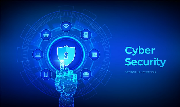 Concepto de seguridad cibernética. Escudo proteger icono. Mano robótica conmovedora interfaz digital.