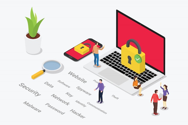 Concepto de seguridad cibernética isométrica con personas del equipo