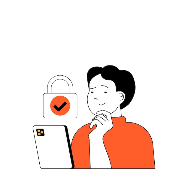 Concepto de seguridad cibernética con personas de dibujos animados en diseño plano para web El hombre usa un sistema de seguridad con acceso con contraseña de candado en la aplicación móvil Ilustración vectorial para material de marketing de banners en redes sociales