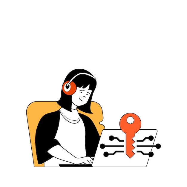 Concepto de seguridad cibernética con personas de dibujos animados en diseño plano para web. La mujer usa conexión de seguridad y sistema de seguridad con llave en la computadora portátil. Ilustración vectorial para material de marketing de banner en redes sociales.