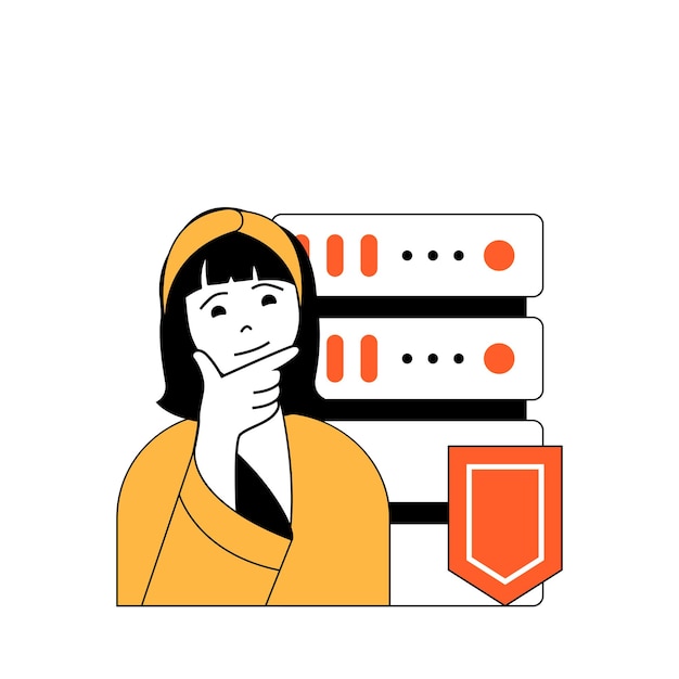 Concepto de seguridad cibernética con personas de dibujos animados en diseño plano para web Mujer usando sistema de protección de escudo para la seguridad de la base de datos del servidor Ilustración vectorial para material de marketing de banner en redes sociales