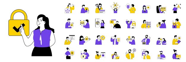 Concepto de seguridad cibernética con personas situaciones mega establecidas en diseño web plano Escenas de paquete de acceso por contraseña protegen datos personales Ilustraciones vectoriales para material de marketing de banner de redes sociales