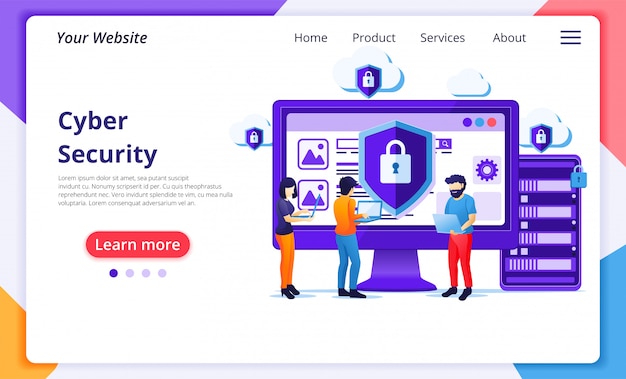 Concepto de seguridad cibernética, las personas trabajan en la pantalla protegiendo datos y confidencialidad. plantilla de página de destino del sitio web