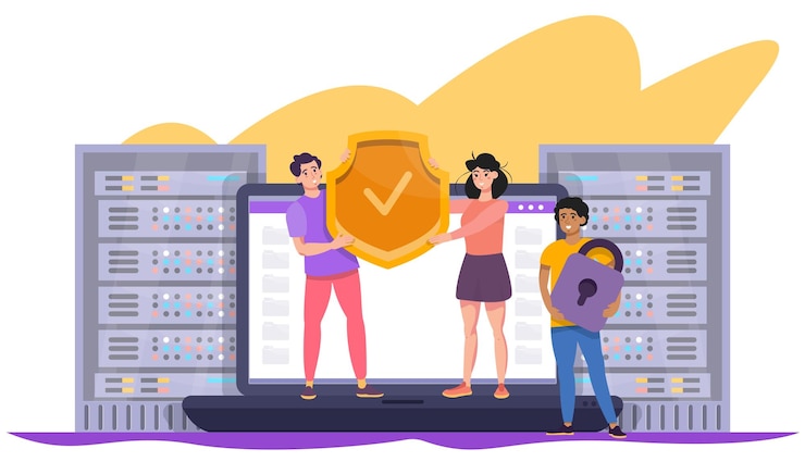 Vector concepto de seguridad de datos personajes con escudo que protege la cuenta y los datos en la computadora