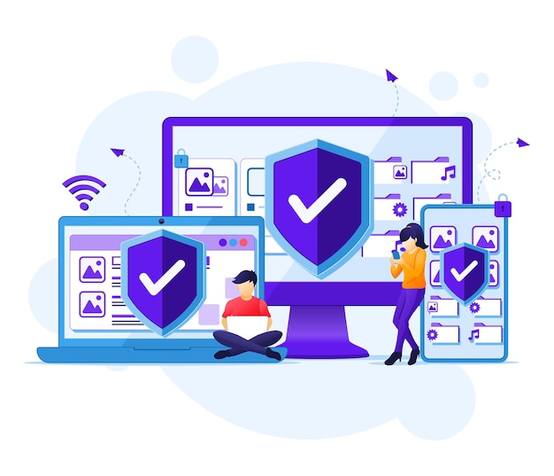 Vector concepto de seguridad del dispositivo, personas en un dispositivo de dispositivo gigante con ilustración de escudo