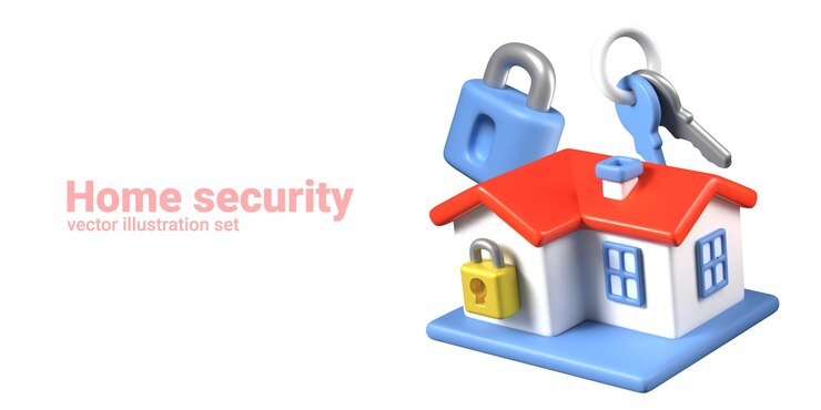 Vector concepto de seguridad en el hogar cerraduras confiables para la construcción cabaña realista con llave de candado al estilo de dibujos animados