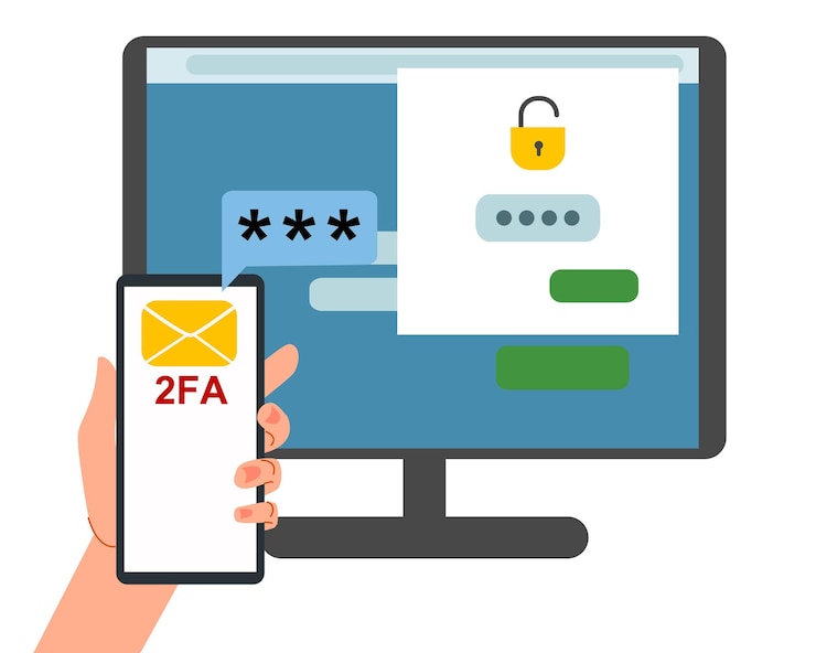 Vector el concepto de seguridad de los iconos de bloqueo de autenticación de dos factores en la cuenta en el monitor de la computadora