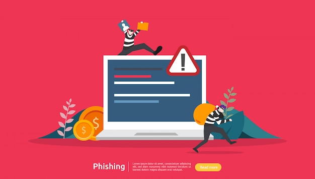 Concepto de seguridad de Internet con carácter de personas pequeñas. ataque de phishing de contraseña. robar datos personales. página de inicio web, banner, presentación, social y plantilla de medios impresos. ilustración