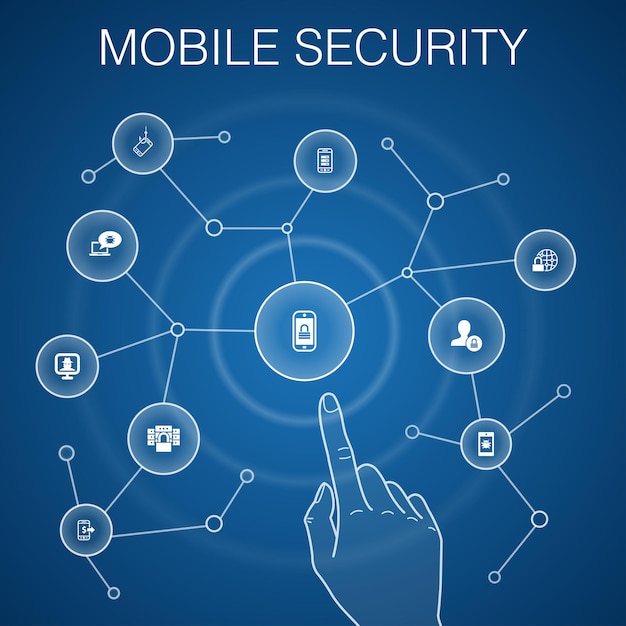 Concepto de seguridad móvil, fondo azul phishing móvil, software espía, seguridad de internet, iconos de protección de datos