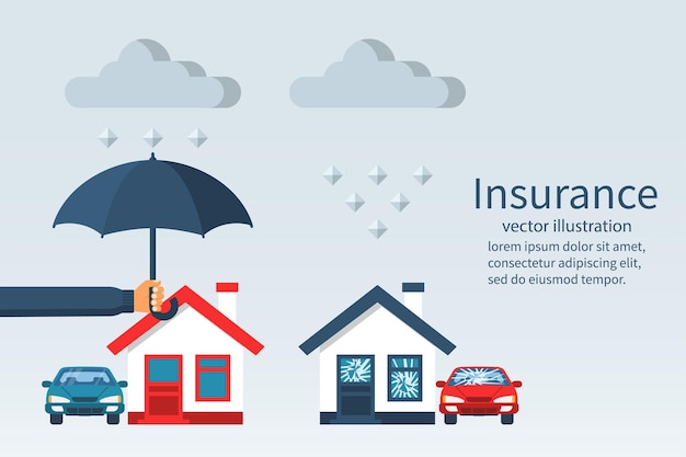 Vector concepto de seguridad de la propiedad agente de seguros meteorológicos sosteniendo paraguas sobre la casa casa y coche en ruinas con ventanas rotas diseño plano de ilustración vectorial aislado sobre fondo blanco