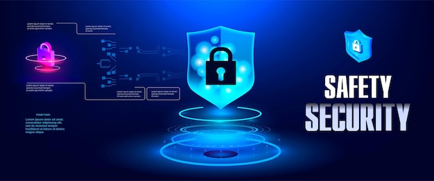 Concepto de seguridad de red y transferencia de datos Seguridad y protección Sistema cibernético futurista contra malware y piratería Escudo de seguridad holográfico con brillo de neón