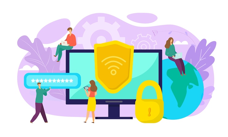 Vector concepto de seguridad wifi, seguridad en línea, protección de datos, ilustración de conexión segura. criptografía, antivirus, firewall o intercambio seguro de archivos en la nube. computadora wi-fi encripta el intercambio de datos.