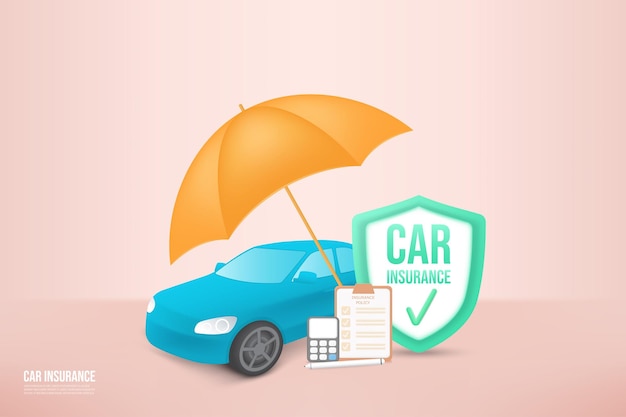 Concepto de seguro de automóvil 3d Paraguas de icono 3d con documento de seguro de automóvil y escudo con una marca de verificación Seguridad del automóvil bajo un paraguas Ilustración de vector de seguro de automóvil 3d