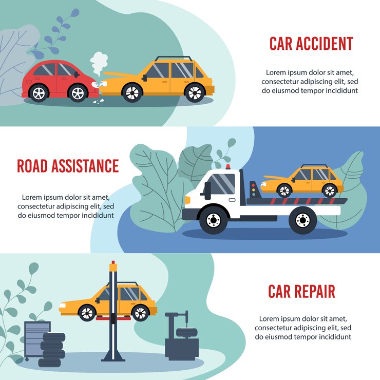 Vector concepto de seguro de automóvil: accidente automovilístico, asistencia en carretera, reparación de automóviles. plano horizontal