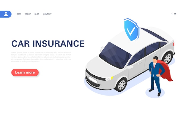 Concepto de seguro de automóvil. el agente de seguros garantiza la protección del vehículo. ilustración isométrica del vector.
