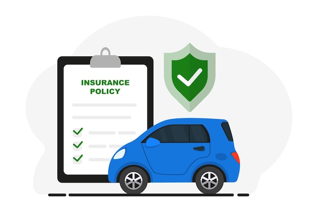 Vector concepto de seguro de automóvil documento de contrato de protección de cobertura de seguro de automóvil con escudo o garantía de garantía de vehículo de automóvil política de documento legal acuerdo de seguridad de garantía de automóvil ilustración vectorial