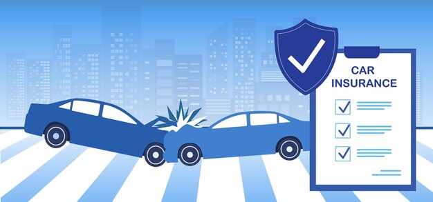 Concepto de seguro de automóvil Dos automóviles chocaron con escudo protector y póliza de seguro Protección