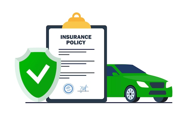 Concepto de seguro de automóvil Póliza de seguro en portapapeles y automóvil Informe de documento con escudo