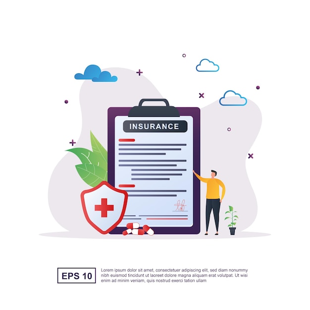 Concepto de seguro médico con formulario de declaración y escudo de salud.
