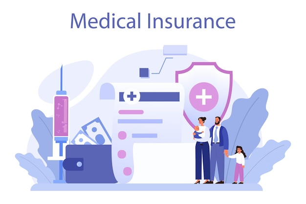 Concepto de seguro de salud Idea de seguridad y protección de la vida de la persona contra daños Servicio médico y de salud Ilustración de vector plano aislado