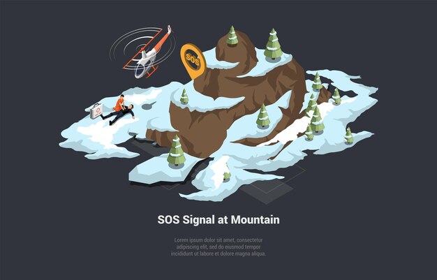 Concepto de señal de operación de rescate para servicios de emergencia El helicóptero se precipita al rescate en una señal de SOS entrante de los turistas en una zona montañosa Isométrica 3d Ilustración vectorial de dibujos animados