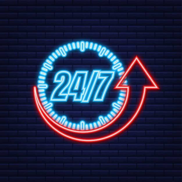 Concepto de servicio 24 horas al día, 7 días a la semana. 24-7 abierto. Icono de neón. Icono de servicio de soporte. Ilustración de stock vectorial.