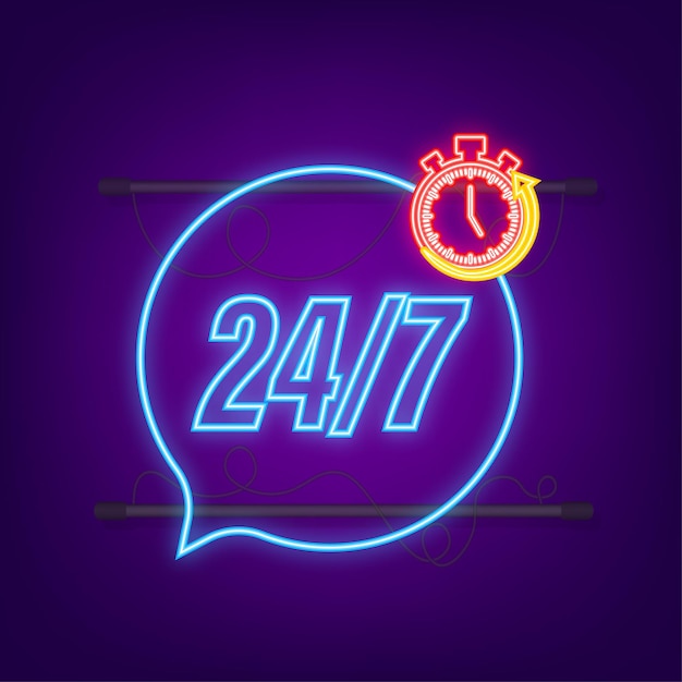 Concepto de servicio 24 horas al día, 7 días a la semana. 24-7 abierto. Icono de neón. Icono de servicio de soporte. Ilustración de stock vectorial.