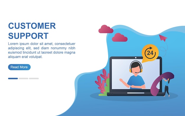 Concepto de servicio al cliente con un logo de 24 horas y una persona que descuelga el teléfono.