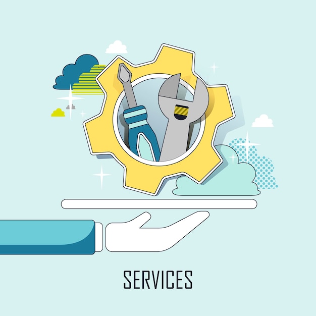 concepto de servicio al cliente: una mano sosteniendo herramientas en estilo de línea