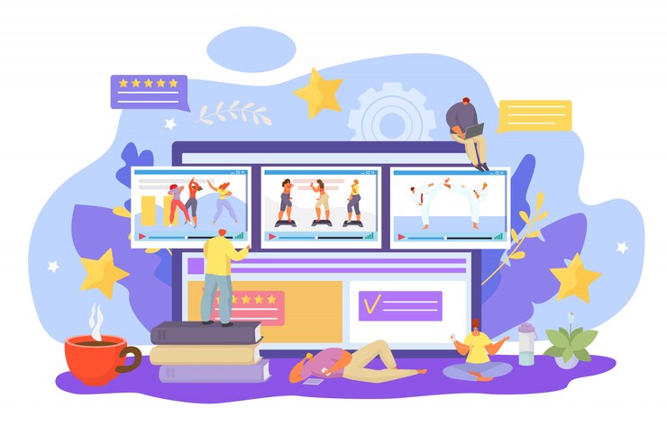Vector concepto de servicio de alojamiento de video, ilustración. red plana en línea, la gente crea tecnología de contenido en la computadora. internet