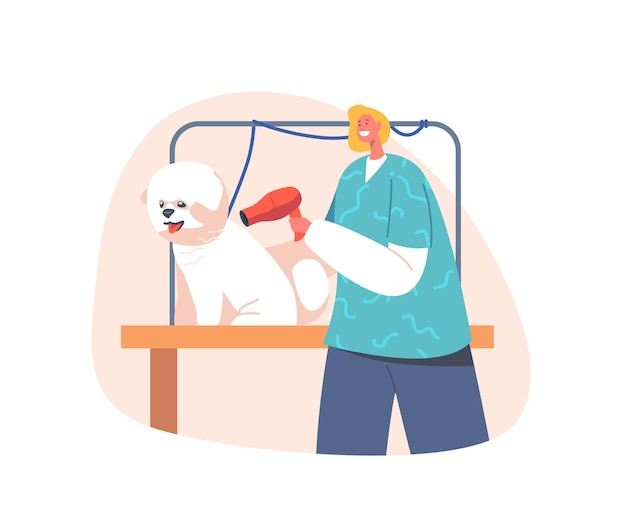 Concepto de servicio de aseo de perros peluquería personaje femenino sosteniendo equipo de secador de pelo eléctrico peluquero secado de pelo de animales domésticos mascota de pie en la mesa en el salón dibujos animados personas vector ilustración