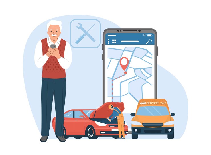 Vector concepto de servicio de asistencia en carretera anciano llamado mecánico de automóviles de asistencia en carretera