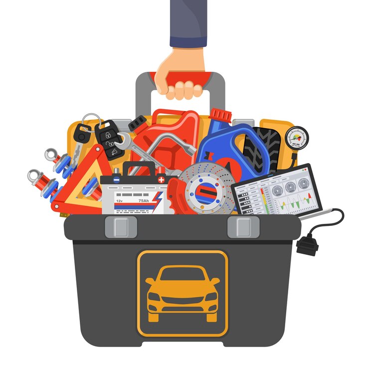 Vector concepto de servicio automático con herramientas de coche y caja de herramientas en iconos planos mecánicos de coches de mano