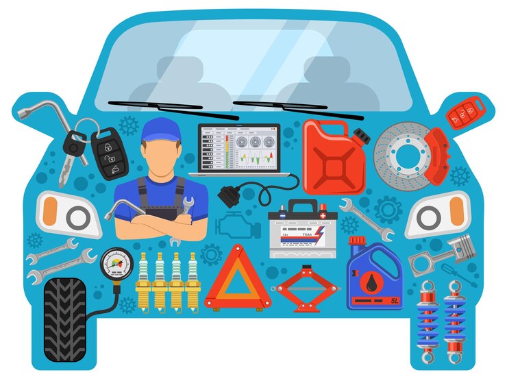 Vector concepto de servicio de automóviles y asistencia en carretera con ilustración vectorial de íconos planos