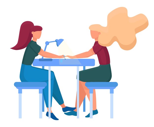 Concepto de servicio de centro de belleza. Visitantes del salón de belleza que tienen un procedimiento diferente. Personaje femenino en el salón haciendo una manicura. ilustración