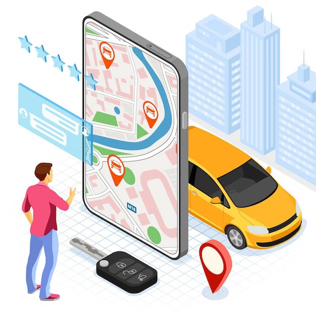 Concepto de servicio de coche compartido. Hombre en línea elige coche para compartir coche.