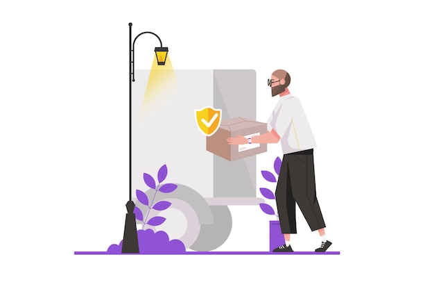 Concepto de servicio de compras y entrega en diseño plano. el hombre compra productos en línea y recibe pedidos en casa. compras en línea inteligentes, comercio electrónico. ilustración de vector con escena de personas aisladas para banner web