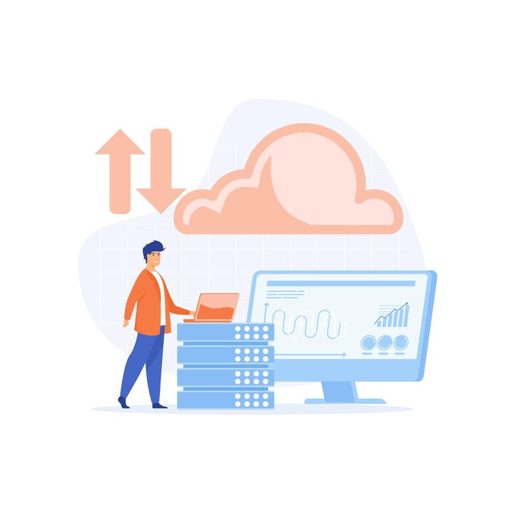 Vector concepto de servicio de computación en la nube de tecnología empresarial, equipo de desarrolladores trabajando en el monitor del tablero, ilustración moderna de vector plano