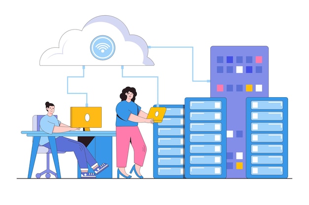 Concepto de servicio de computación en la nube de tecnología empresarial plana equipo de administrador y desarrollador que conecta el servidor de almacenamiento del centro de datos ilustración de vector mínimo de estilo de diseño de esquema