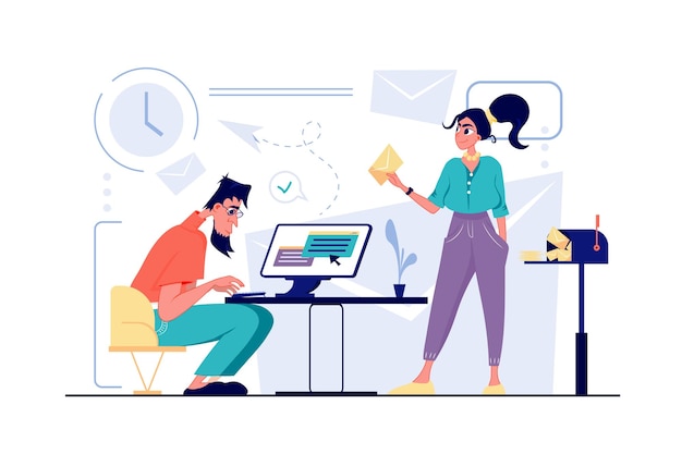 Concepto de servicio de correo electrónico en diseño de dibujos animados planos Hombre y mujer envían cartas personales y comerciales