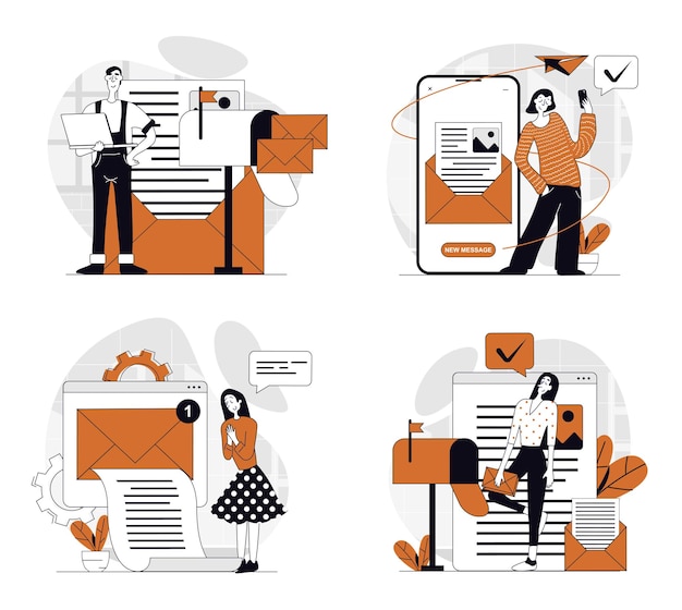 Concepto de servicio de correo electrónico establecido en diseño plano para la web Colección con personas que se conectan en línea por cartas electrónicas Enviando correos electrónicos en aplicación de teléfono o portátil Recibiendo notificaciones Ilustraciones vectoriales